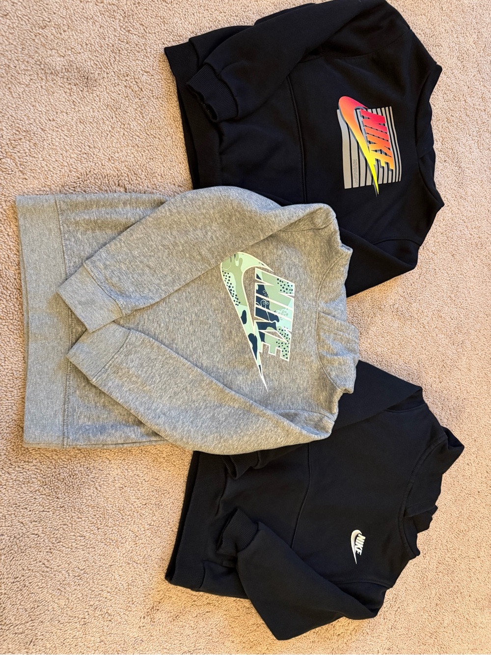 Nike Kids Sweatshirt Trio - Black & Gray with Multicolor Swooshes
